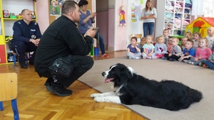 Sala przedszkolna. Policjant i Strażnik Miejski rozmawiają z dziećmi. Strażnikowi towarzyszy pies służbowy.