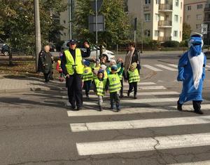 Nauka przechodzenia przez przejście dla pieszych pod okiem policjantów i polfinka.