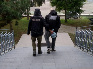 Policjant prowadzi zatrzymanego po schodach.