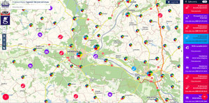 widok na obszar Bydgoszczy w Krajowej Mapie Zagrożeń Bezpieczeństwa, gdzie zaznaczone są punkty zagrożenia