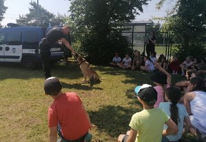 Pokaz tresury psa policyjnego. Przyglądają się temu uczniowie siedzący w półkolu.