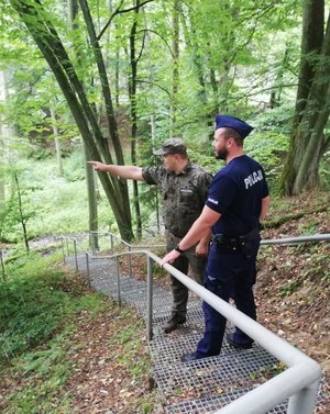 Policjant i leśnik podczas patrolu w lesie. Leśnik stojąc przed policjantem wskazuje palcem w stronę lasu.