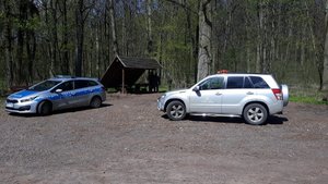 policyjny radiowóz i pojazd Straży Leśnej stoją przy lesie