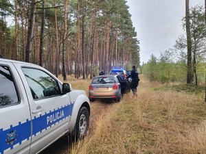 Policjanci wysiadają z radiowozu w lesie podczas poszukiwań. Widocznych kilka radiowozów, w tym jeden nieoznakowany.