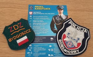 ulotka oraz naszywki szkoły i policjanta dzielnicowego