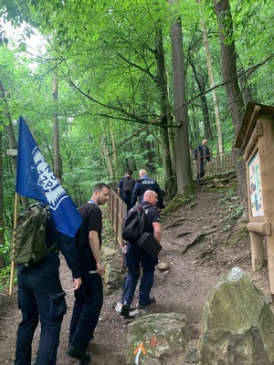 policjanci idą przez las