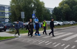 policjanci i Polfinek wraz z dziećmi na przejściu dla pieszych