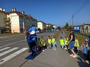 Dzieci uczestniczące w zajęciach z policjantami i Polfinkiem przy przejściu dla pieszych