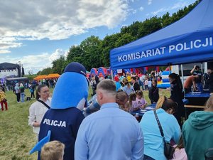 Policjantka wraz z Polfinkiem podczas festynu z okazji Dnia Dziecka.