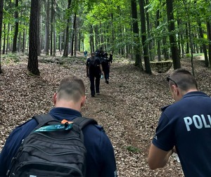 Policjanci podczas marszu w terenach zielonych.
