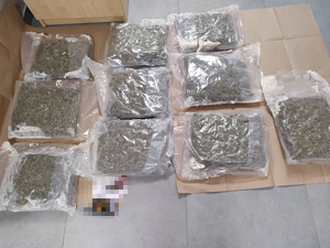 Zatrzymany mężczyzna oraz zabezpieczone narkotyki.