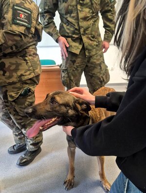 policjanci z psem służbowym Badim na spotkaniu z uczniami technikum menedżerskiego