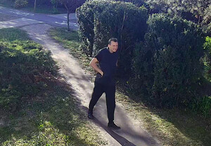 wizerunek podejrzewanego mężczyzny idącego po terenie zielonym