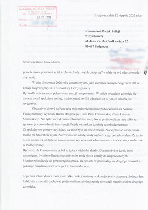 Podziękowania dla policjantów ruchu drogowego za profesjonalizm i empatię