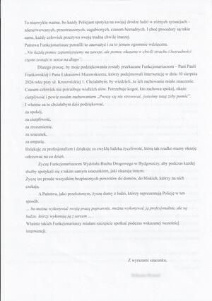 Podziękowania dla policjantów ruchu drogowego za profesjonalizm i empatię