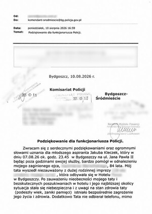 Podziękowania od bliskich zaginionego Seniora dla policjanta z komisariatu na bydgoskim Śródmieściu